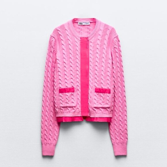 Zara Cable Knit Cardigan -Bubblegum pink/Hot pink - Women's Size M -6427/038/630 - Picture 1 of 9